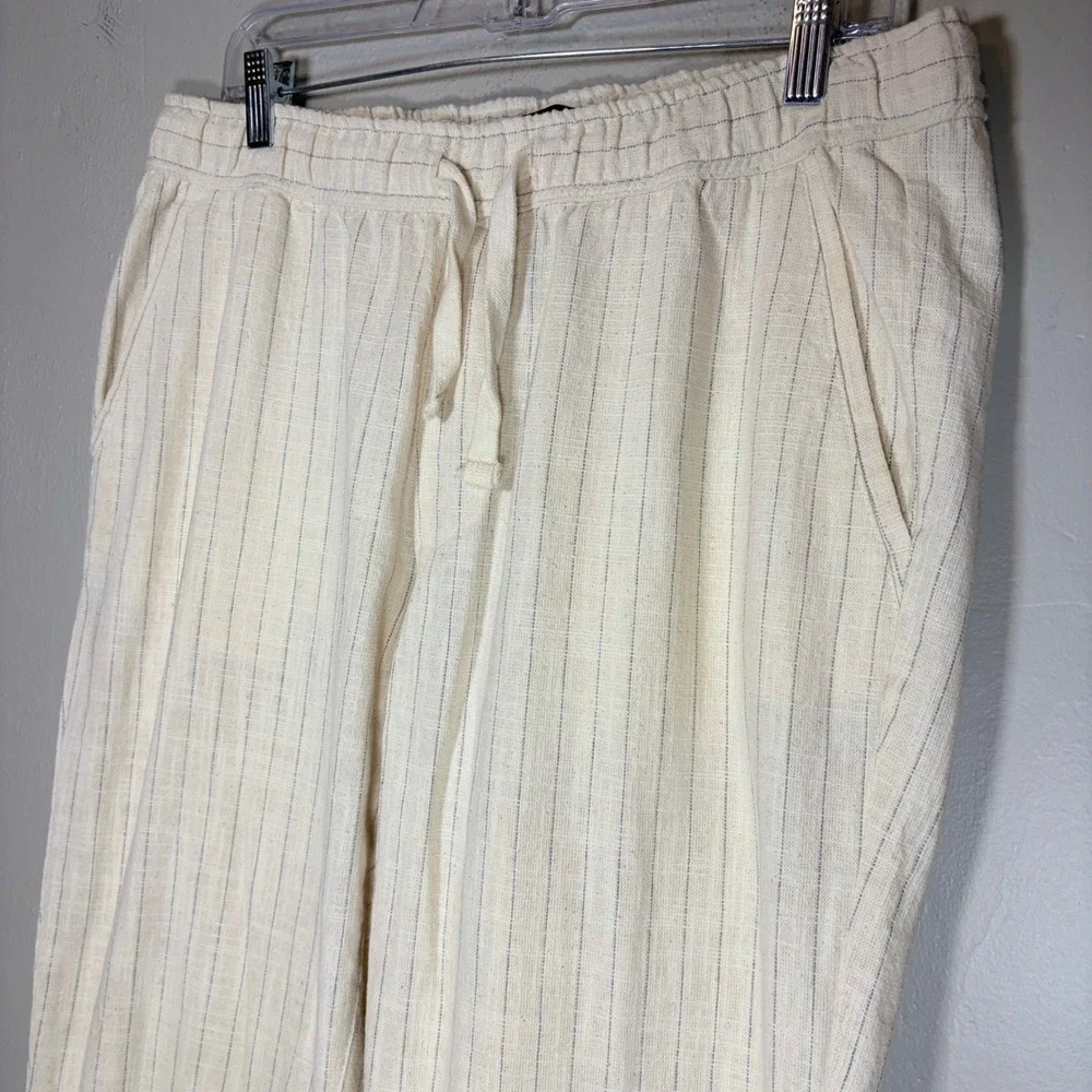 Zara Womens XL Pinstripe Drawstring Linen Blend Pants Cream Blue‎ High Rise